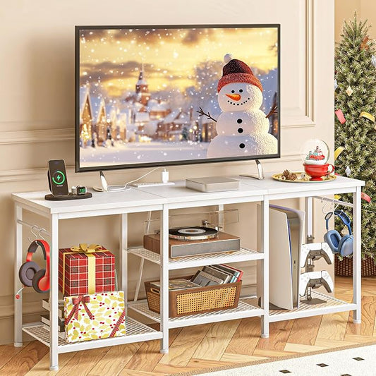 YGEOMER White TV Stand for Up to 55 Inch Tvs, Entertainment Center with Power Outlet and Open Storage Shelves, TV Console Table for Living Room Bedroom by YGEOMER