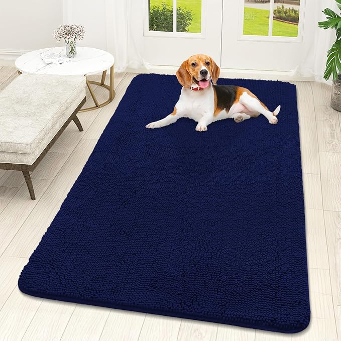 OLANLY Dog Door Mat for Muddy Paws 59x32, Absorbs Moisture and Dirt, Absorbent Non-Slip Washable Doormat, Quick Dry Chenille Mud Mat for Dogs, Entry Indoor Entryway Carpet for Inside Floor, Navy Blue by OLANLY