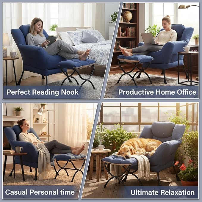 Lazy Chair and Ottoman, Peach Blue Large Accent Chair with Side Pocket, Modern Leisure Upholstered Sofa Reading Armchair with Footrest for Office, Bedroom, Living Room, Dorm Rooms, Balcony