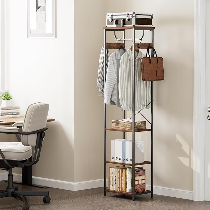 Coat Rack With Hanging Rod, Garment Rack With 3 Wooden Shelves and 4 Hooks, Freestanding Hall Tree, Industrial Clothes Rack Stand Organizer, Rustic Brown and Black - Image 4