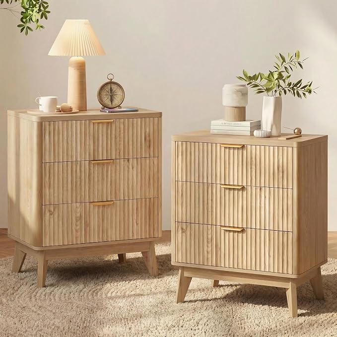 LYNCOHOME Fluted Nightstand Set of 2, Wood Bedside Table with 3 Drawers, Modern Farmhouse Storage End Table for Bedroom, Natural by LYNCOHOME