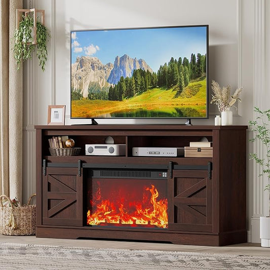JUMMICO Fireplace TV Stand for 65+ Inch TV with 26'' Fireplace Entertainment Center with Storage Cabinet and Adjustable Shelves, Media Console with Sliding Barn Door for Living Room (Brown) by JUMMICO