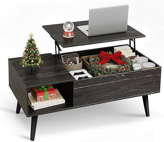 WLIVE Coffee Table for Living Room, Lift Top Coffee Table with Storage, Small Rising Wooden Dining Center Table with Storage Shelf & Hidden Compartment, 39" Black Oak