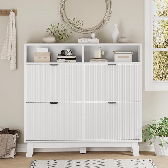 Xixini Shoe Cabinet with 4 Flip Drawers, 46" Tall Narrow Fluted Shoe Storage Organizer for Entryway, Hidden Slim Wooden Shoe Rack Cabinet for Front Door Entrance, Hallway, Living Room, Solid White - Image 7