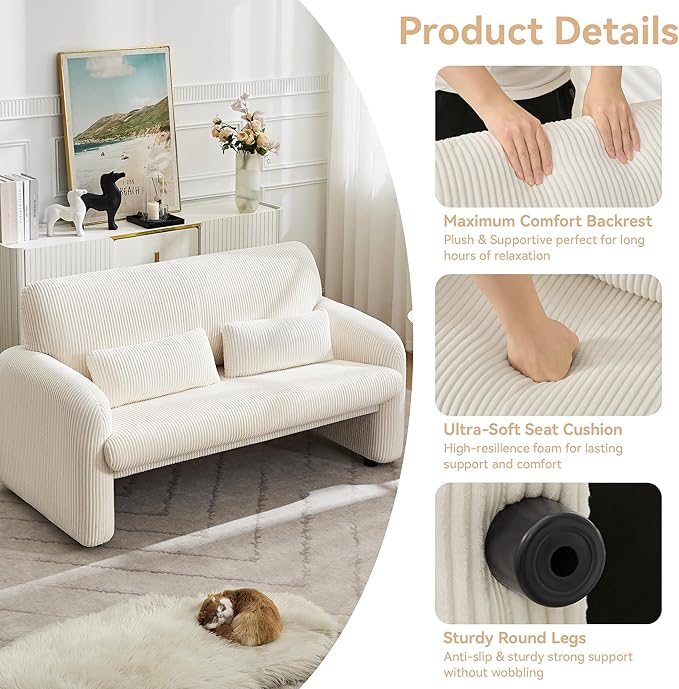 WUTUTUEE Corduroy Accent Living Room Sets, Modern Upholstered Love Seat with 2 Accent Chairs, Wide Comfy Leisure Chair Sets for Bedroom, Office, White
