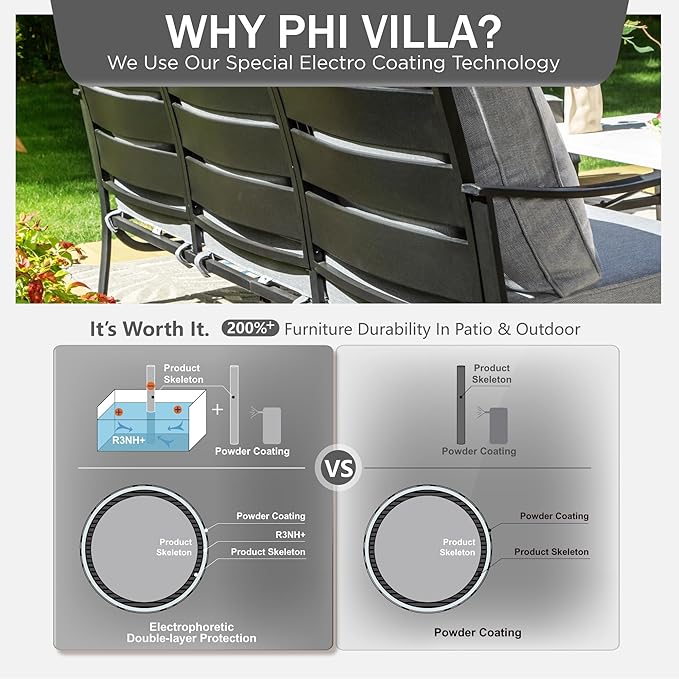 PHI VILLA Patio Conversation Set with Fire Pit, 7 Seat with 45" Firepit Table, Swivel & Fixed, Grey