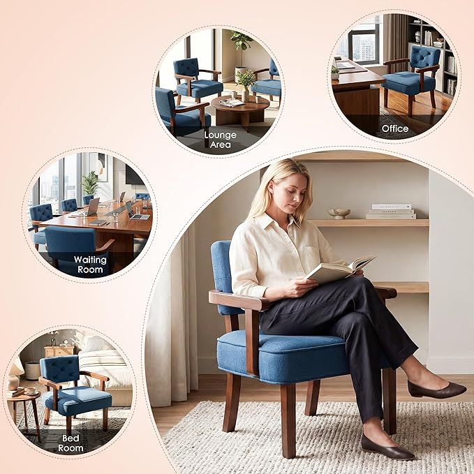 Wood Arm Chair,Upholstered Small Accent Chairs,Butacas para Sala,Mid Century Modern Accent Chair,Tufted Back, Armrest,Cushion, Side Chair for Office,Waiting/Reading/Living Room, Blue