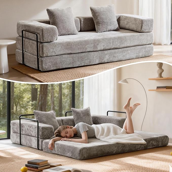 Convertible Floor Sofa Bed, Fold Out Floor Couch with Pillow Back & Armrest, Compressed Couch with Fixed-Shape Frame, Chenille Foldable Sleeper Sofa Bed for Living Room Bedroom, Light Grey