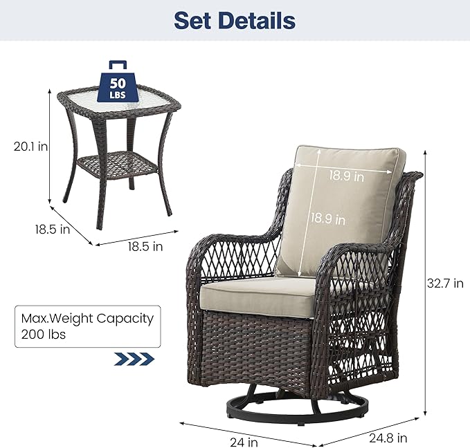 GarveeHome 3 Piece Outdoor Patio Set, Wicker Rocking Bistro Set with 2 Swivel Chairs & Tempered Glass Top Table, Rattan Outdoor Furniture with Cushions for Patio Porch Backyard