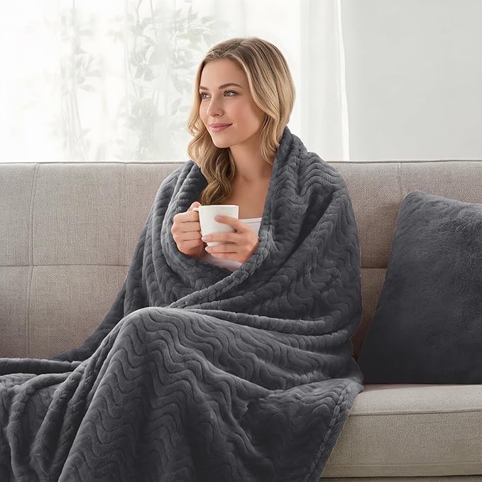 Exclusivo Mezcla Twin Blanket for Bed, Cozy Lightweight Fleece Blankets for All Season, Decorative Giftable Fuzzy Plush Wave Textured Suitable for Women, Men, Dark Grey, 90x66 Inches