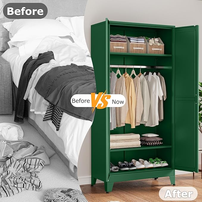 Metal Wardrobe Storage Cabinet with Hanging Rod,71'' Metal Clothing Cabinet with 2 Doors and 2 Adjustable Shelves for Bedroom, Laundry Room, Cloak Room (2 Doors-71'', Green)