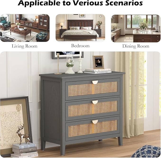 31.5" Wide Rattan Nightstand with 3 Drawers, Modern Boho Storage Cabinet with Solid Wood Legs & Golden Handles, Large Accent Table for Bedroom, Grey, 1 PC - Image 6