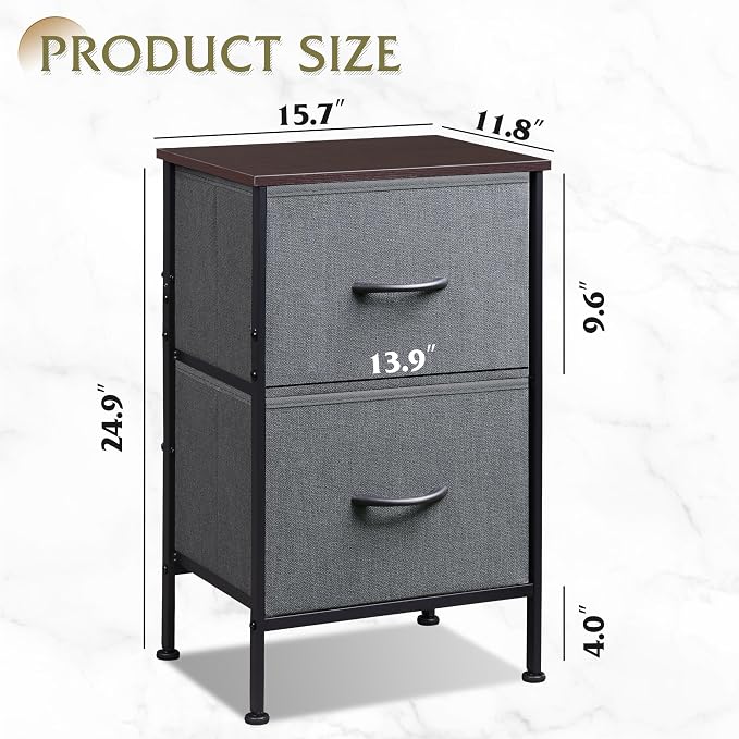 WLIVE Night Stand, Small Dresser with 2 Drawers & Wooden Top, Nightstand with Fabric Bins, Bedside Table End Table for Bedroom, Closet, Entryway, College Dorm, Charcoal Black - Image 3
