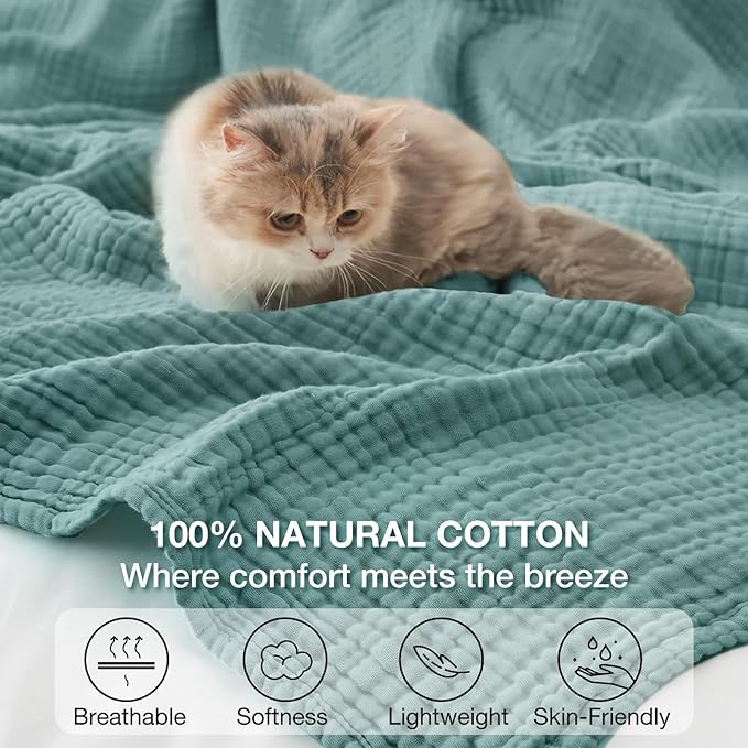 100% Cotton Muslin Blanket 40" x 40", Breathable and Lightweight Cotton Throw Blankets, Soft Cooling Summer Gauze Blanket for All Season, Teal Blue