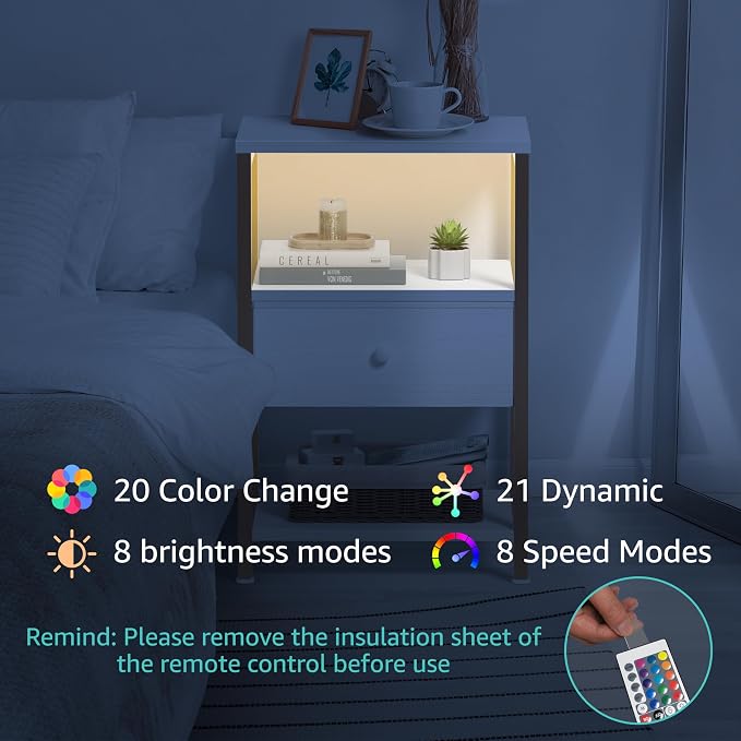 BOLUO White and Gold Nightstand with Charging Station, LED Night Stand with Fabric Drawers and Shelf, Bedside Table with USB Ports and Outlets, Bedroom Nightstand Modern - Image 5