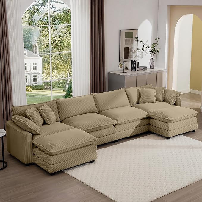 KEIKI 150" U-Shaped Oversized Corduroy Modular Sectional Sofa with 2 Ottoman, High-Density Foam Cushions, Removable Armrests, Upholstered 4-Seater Corner Couch with 6 Pillow, for Living Room, Tan