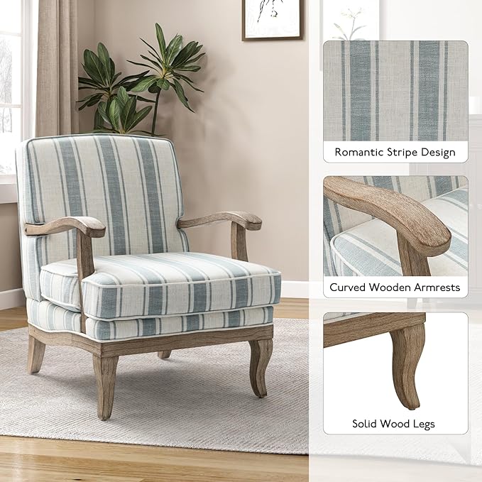HULALA HOME Mid-Century Modern Chair Set of 2, Upholstered Accent Chair with Graceful Curves and Wooden Legs, Comfy Lounge Armchair Striped Accent Chairs for Living Room, Bedroom (Blue)
