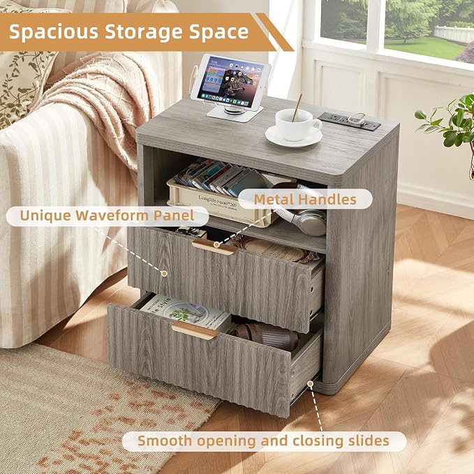 LEYAOYAO Fluted Farmhouse Nightstand Set of 2 with Charging Station, 23" Wide 2 Drawers End Table,Grey Dresser for Bedroom,Bed Side Table Chest of Drawers Cabinet,Wood Night Stand for Living Room - Image 7
