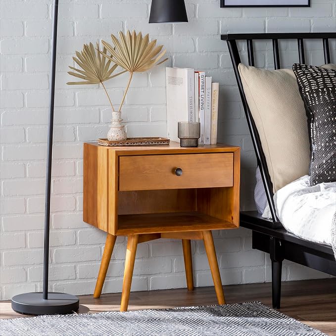 Walker Edison Mid Century Modern Wood Nightstand Side Table Bedroom Storage Drawer and Shelf Bedside End Table, 1 Drawer, Caramel - Image 2