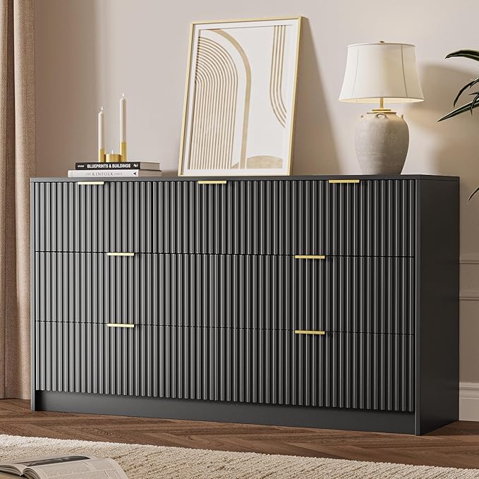 MAISONARIA 3-Piece Dresser Bedroom Set, 7 Drawer Dresser & 3 Drawer Nightstands with Gold Handles, Fluted Wood Chest of Drawers for Bedroom, Living Room, Entryway, Black