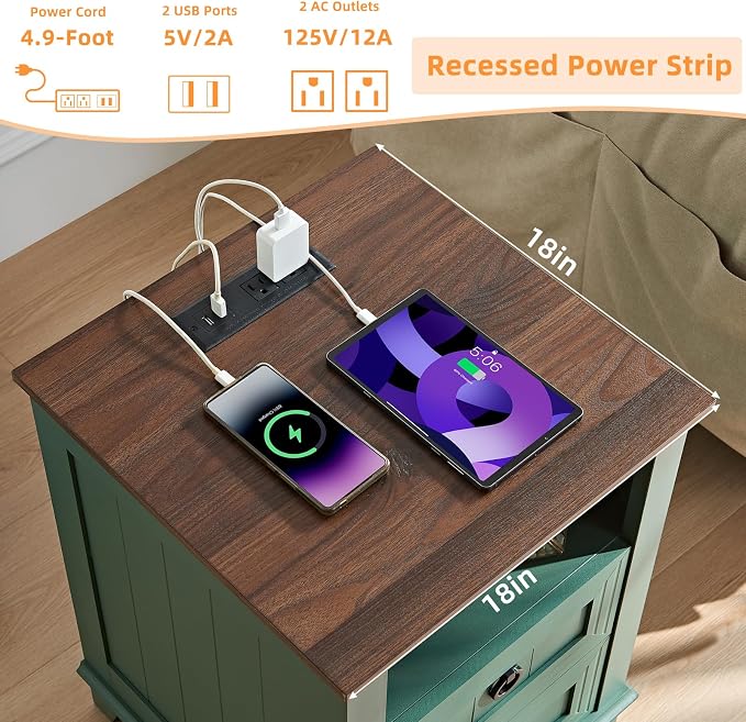 Joaxswe 18" Farmhouse Night Stands Set of 2 with Charging Station, 2 Drawers Bedside End Table, Green Wooden Nightstand, Bed Side Table Cabinet with Open Shelf for Bedroom Living Room Office - Image 5
