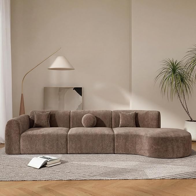 Merax 3-Piece 140" Curved Sectional Sofa Set, 4 Seat L-Shaped Modular Modern Cloud Couch with Chaise Lounge, 3 Pillows, Fully Assembled High-Density Compressed Sponge for Living Room, Brown