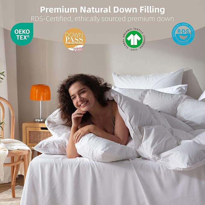 Feather Down Comforter Queen Size,Hotel Style Bedding Comforter,750+ Fill Power,1200TC,100% Organic Cotton Fabric,All Season White Duvet Insert with 8 Corner Tabs