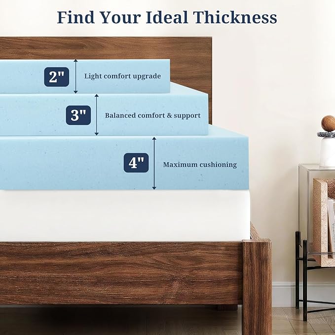 Queen Mattress Topper, 3 Inch Gel Memory Foam, Extra Cushioning, Pressure Relief, Ventilated Breathable Design, CertiPUR-US Certified, Blue