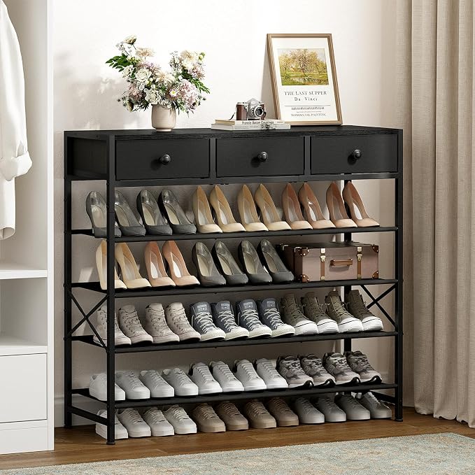Shoe Rack, 5 Tier Shoe Organizer with 3 Drawers, Metal Shoe Storage for 24-30 Pairs of Shoes with Fabric Shelves and Wooden Top, Narrow Shoe Shelf for Closet Entryway Black - Image 2