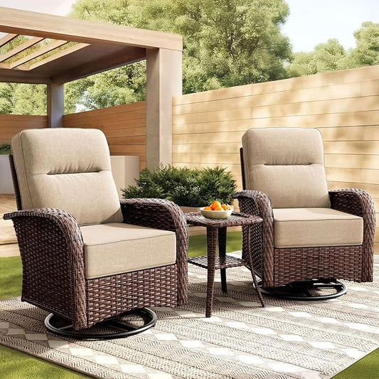 Patio Furniture Set with 6-Inch Thick Cushions, High Back Outdoor Swivel Rocker Chairs and Side Table, 3-Piece Easy Assembly Conversation Set for Porch Deck Balcony Yard in Beige