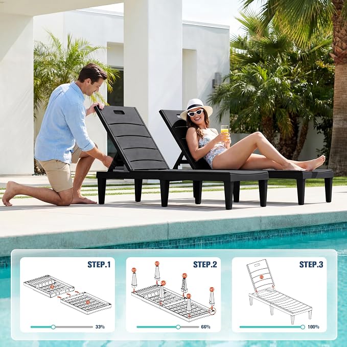 Devoko Outdoor Chaise Lounge Chair Set of 2 with 5-Position Adjustable Back, Waterproof & Lightweight PP Lounge Chairs for Outside Pool Patio (Black) - Image 4