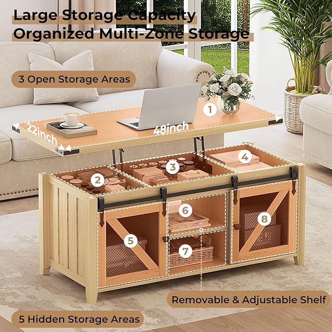 48" Farmhouse Lift Top Coffee Table with Storage, Sliding Barn Door, Large Hidden Compartment, Wooden Lifting Tabletop with Adjustable Shelf for Living Room, Office (Oak)