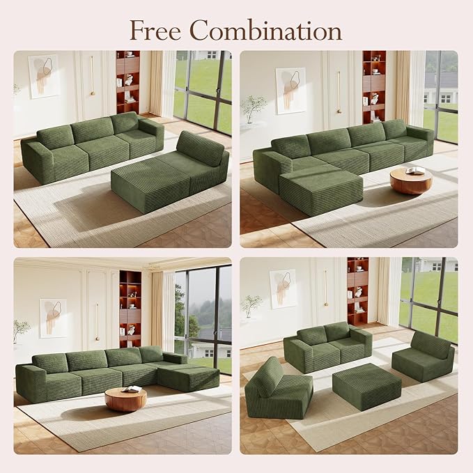 Vesgantti 159" Large Modular Sectional Sofa, L-Shaped Corduroy Cloud Couch with Deep Seats & Spring Support, 4-Seater Boneless Sofa with Movable Ottoman, No Assembly Needed, Green