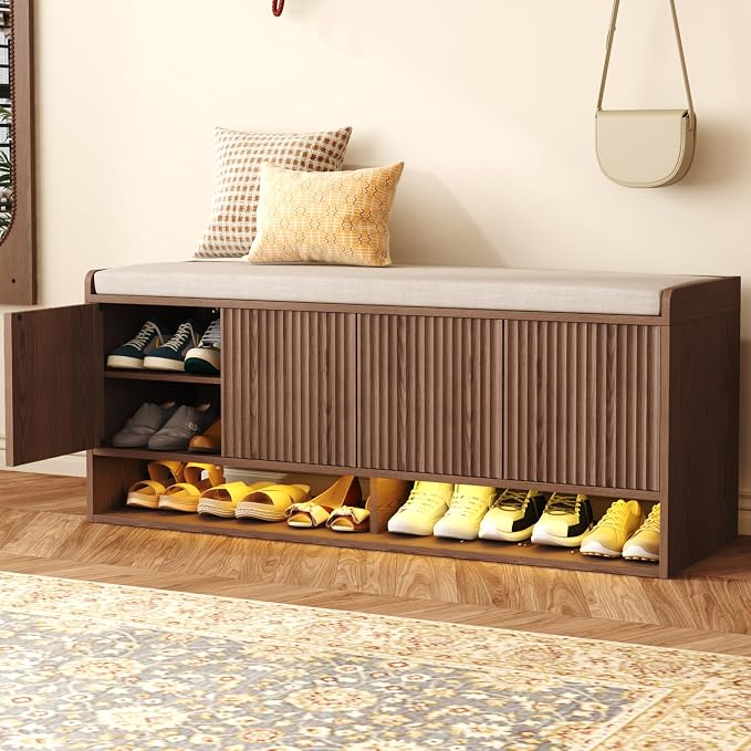 HOMEFORT 47.2" Fluted Shoe Storage Bench, Entryway Bench with Linen Seat Cushion, Shoe Cabinet Bench with Adjustable Shelf and Built-in LED Sensor Light, Bench for Bedroom End of Bed, Walnut by HOMEFORT