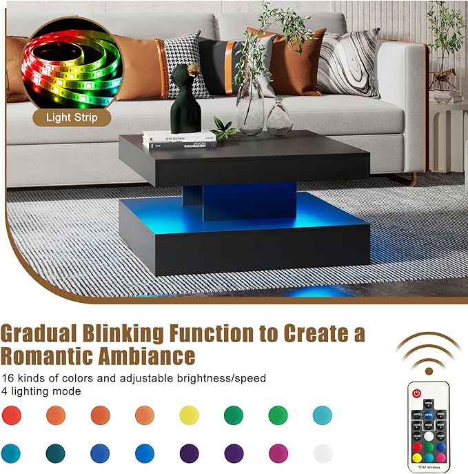 Black LED Coffee Table for Living Room, Living Room Table 2-Tier Square Middle Center Table, Modern Coffee Tables with Storage, Wood Tea Tables for Dining Reception, Skin Feeling