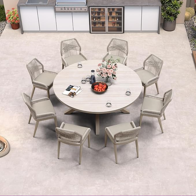 PURPLE LEAF 9 Pieces Round Dining Set Patio Aluminum Modern Round Table and Wicker Chairs with Cushions for Kitchen Backyard Garden Outdoor Furniture Sets, Champagne - Image 2