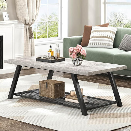 FOLUBAN Industrial Coffee Tables for Living Room with Storage, Rustic Wood and Metal Coffee Table, Modern Rectangle Center Cocktail Tea Table, Light Grey, 47 Inch