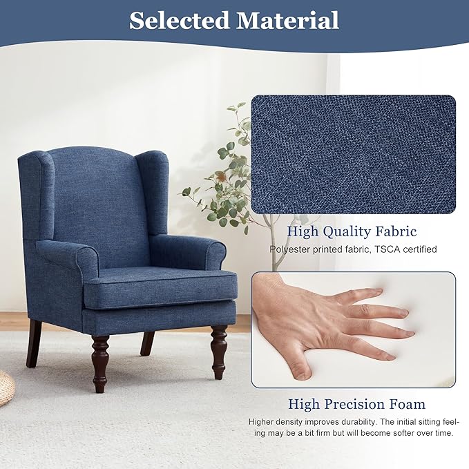HUIMO Printed Wingback Accent Chair, Linen Upholstered High Back Armchair, Comfy Reading Chair for Living Room Bedroom Study, 300lbs Weight Capacity (2, Navy Blue)