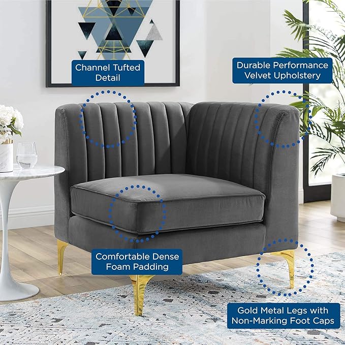 Modway EEI-3983-GRY Triumph Channel Tufted Performance Velvet Sectional Sofa Corner Chair, Gray