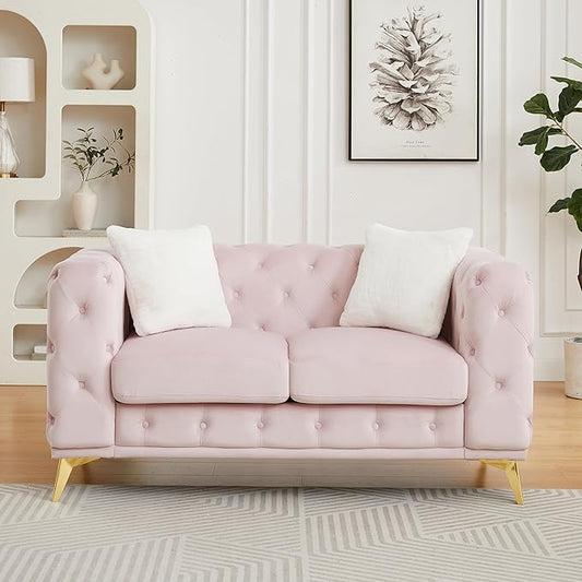 KEIKI 61" Luxury Oversized Velvet Chesterfield Sofa with 2 Pillows, Mid-Century Style 2-Seater Tufted Buttons Couch with High-Density Foam Cushions, Easy Assembly, for Apartment, Living Room, Pink