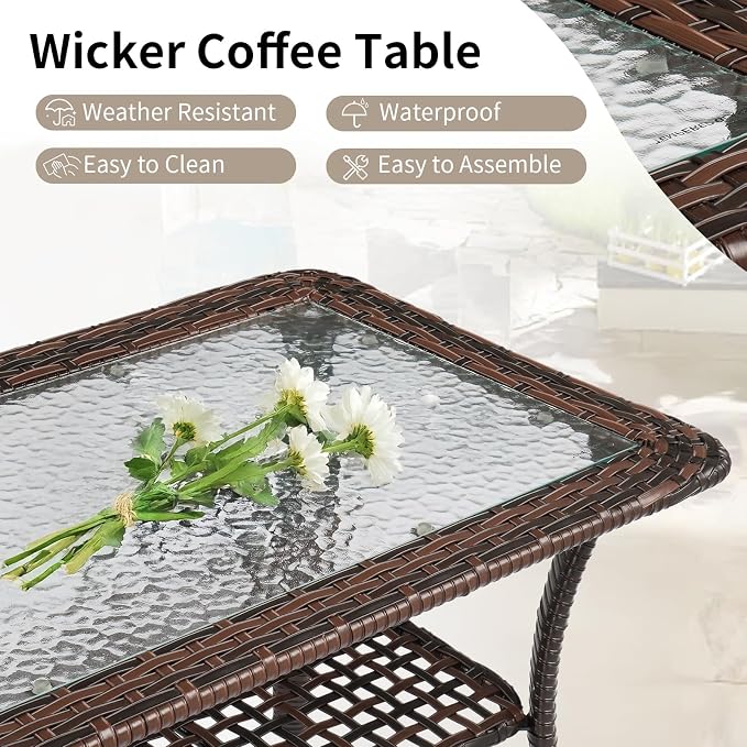 VINGLI Outdoor Coffee Table with Storage Wicker Patio Coffee Table, Tempered Glass Top Coffee Table for Patio Outside Balcony Porch Deck (Brown) - Image 4
