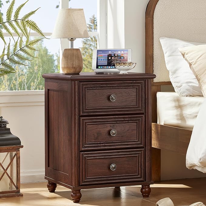 RWYHG 18" Farmhouse Night Stand, Walnut Wood Nightstand with 3 Drawers, Bedside End Table with Storage and Roman Column, Bed Side Tables Cabinet for Bedroom, Living Room, and Closet by RWYHG