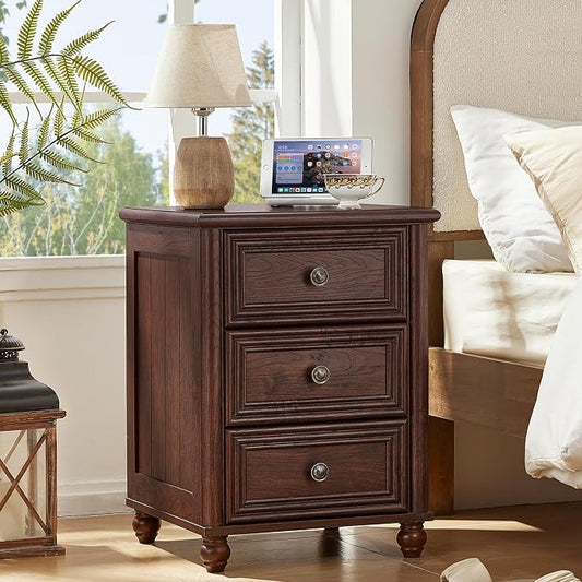 RWYHG 18" Farmhouse Night Stand, Walnut Wood Nightstand with 3 Drawers, Bedside End Table with Storage and Roman Column, Bed Side Tables Cabinet for Bedroom, Living Room, and Closet by RWYHG