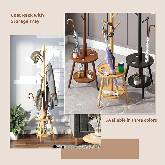 FILWH Freestanding Coat Rack with Umbrella Organizer Tray Bamboo Coat Tree Rack with 8 Hook Stand for Clothes Bag Hats Entryway Hanger Stand(Nature) - Image 4