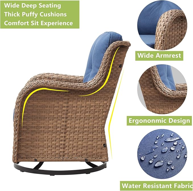 Rilyson Patio Chairs Wicker Outdoor Chair - 6 Piece Rattan Patio Swivel Rocking Chairs Set with Glass Top Side Table for Porch Deck Backyard(Yellow/Blue)