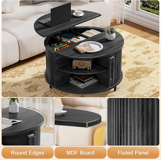 Round Lift Top Coffee Table, 31.5" Fluted Wood Lift Up Center Table with Sliding Door & Hidden Storage – Mid Century Modern Circle Coffee Table for Living Room, Home Office, Apartment (Black)