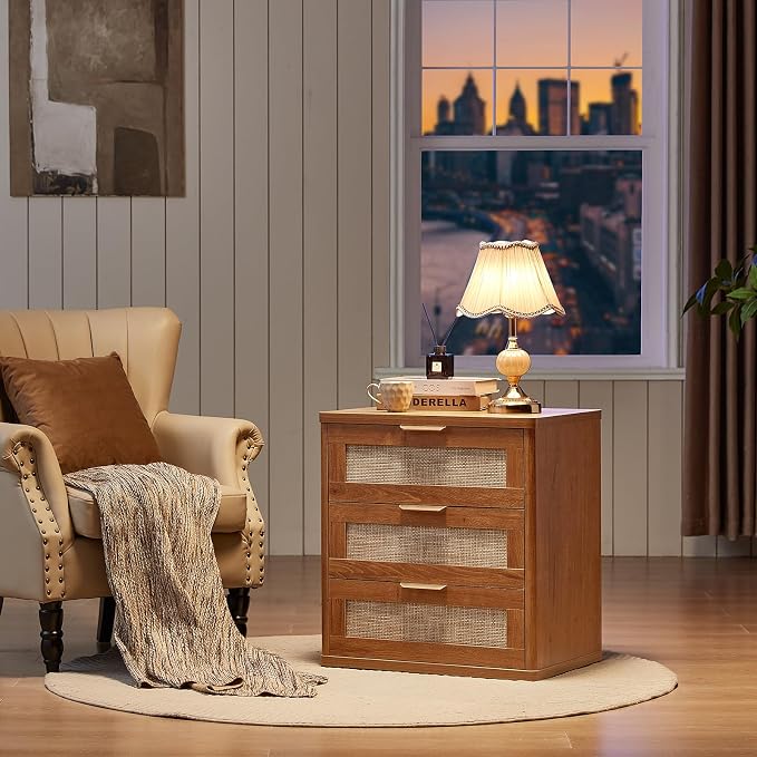 LEYAOYAO Rattan Night Stand with Drawers, 23" Large 3 Drawer Boho Nightstand, Natural Wood Bedside Table Storage Cabinet, Bed Side End Tables Dresser for Bedroom, Living Room, Hallway, Closet - Image 5