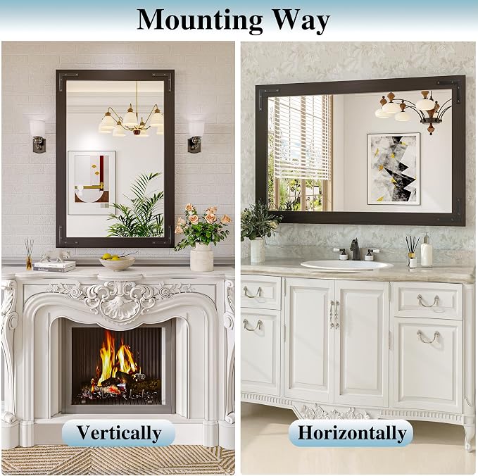 Black Farmhouse Bathroom Mirror, 48x36 Inch Black Wooded Framed Vanity Mirror for Wall, Rectangular Rustic Wall Decor Mirrors for Entryway Living Room Bedroom - Image 7