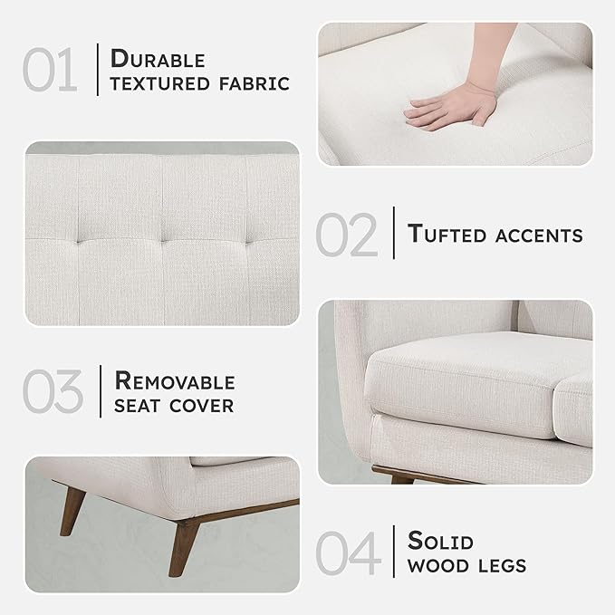 Lexicon Modern Accent Couch, Textured Fabric Upholstered Loveseat with Brown Wood Legs, Track Arms, Tufted Couch Back, 2 Seater Loveseat Sofa for Living Room/Office/Waiting Room, Beige