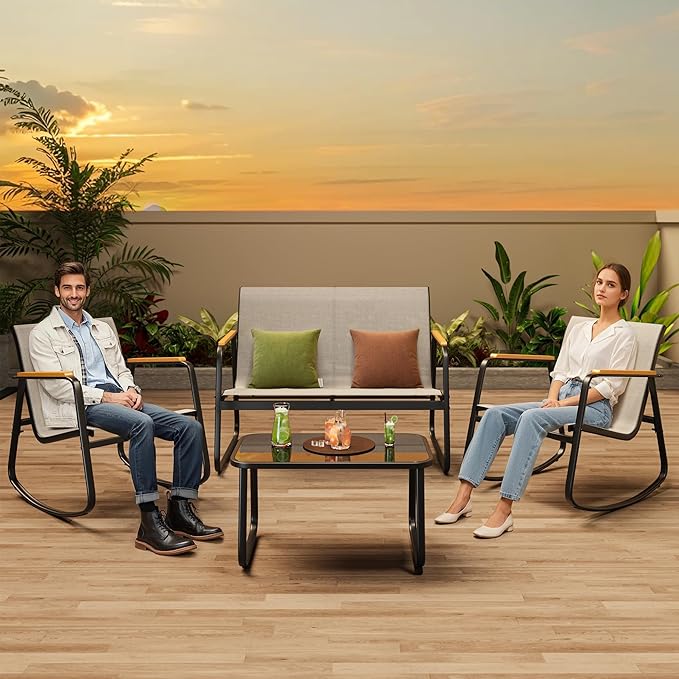 Ahomly 4-Piece Outdoor Patio Furniture Set, All Weather-Resistant Textile Fabric Outdoor Conversation Set with Coffee Table, Patio Rocking Chairs for Lawn, Balcony, Poolside (Grey)
